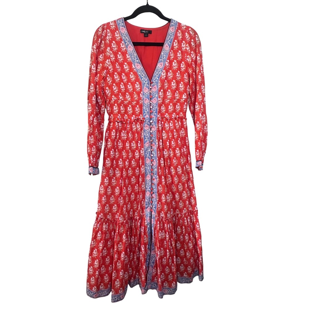 J.Crew Re-Imagined Red Floral Block Print Button Front Midi Dress Womens 4